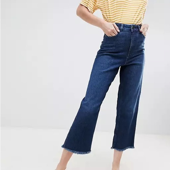 ASOS Design high waist raw hem cropped wide leg stretch jeans 🦋 blue striped - Picture 9 of 16